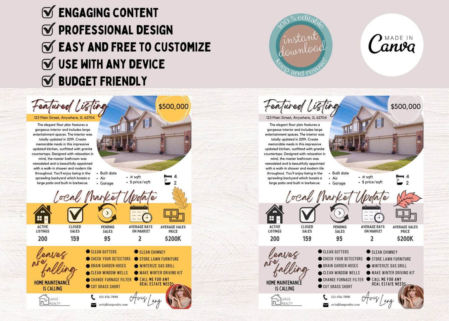 Canva real estate newsletter design with pumpkins, fall leaves, featured listings, and homeowner maintenance reminders for autumn marketing.