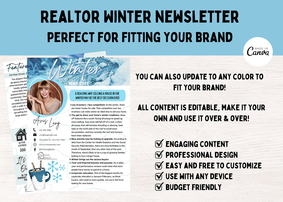 Printable winter Realtor newsletter template for Canva ideal for December client mailers, neighborhood farming, email marketing, and past-client follow-up.