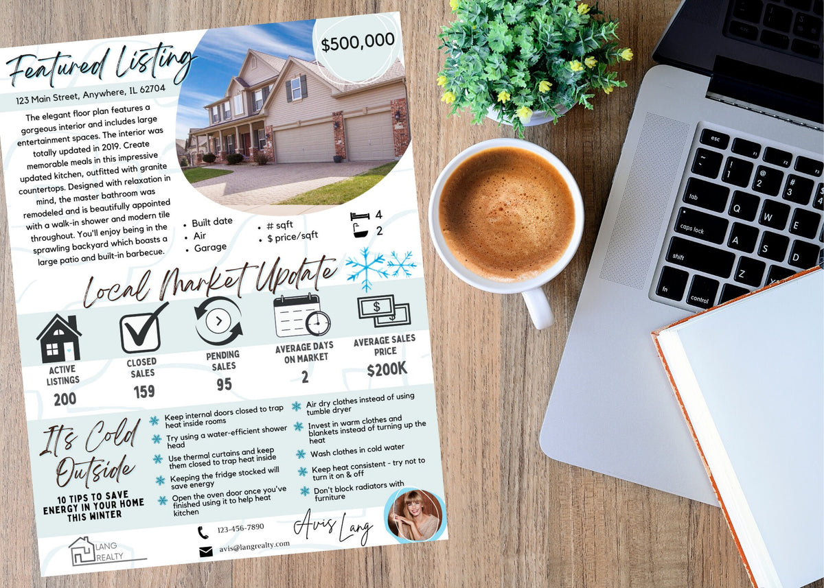 Editable December Realtor newsletter template for Canva featuring winter real estate content, market updates, homeowner tips, and featured listings.