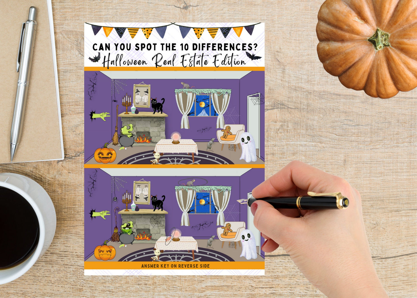 Halloween real estate marketing Canva template with a family-friendly Spot the Difference puzzle, answer key, Realtor branding, QR code, and customizable contact information.