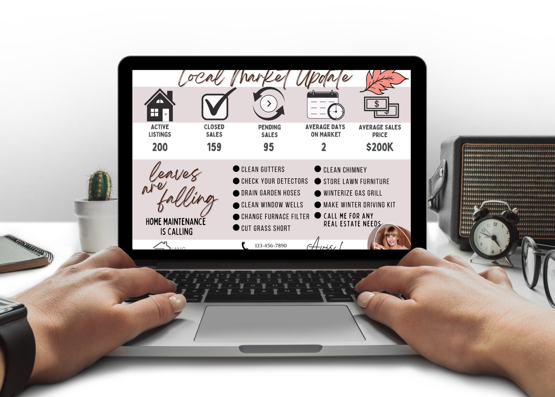 Seasonal realtor newsletter template for fall featuring market statistics, autumn-themed graphics, Halloween activities, and editable real estate layouts.