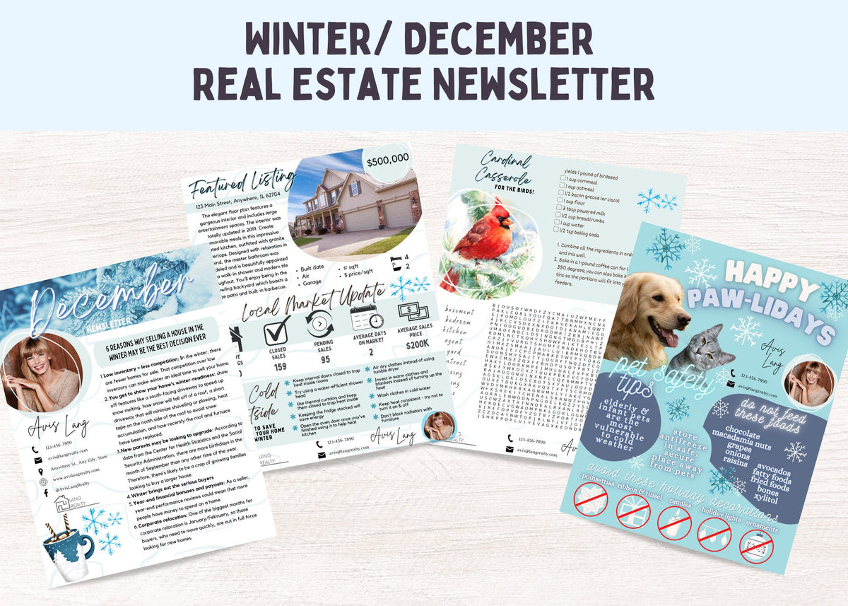Editable December Realtor newsletter template for Canva featuring winter real estate content, market updates, homeowner tips, and featured listings.