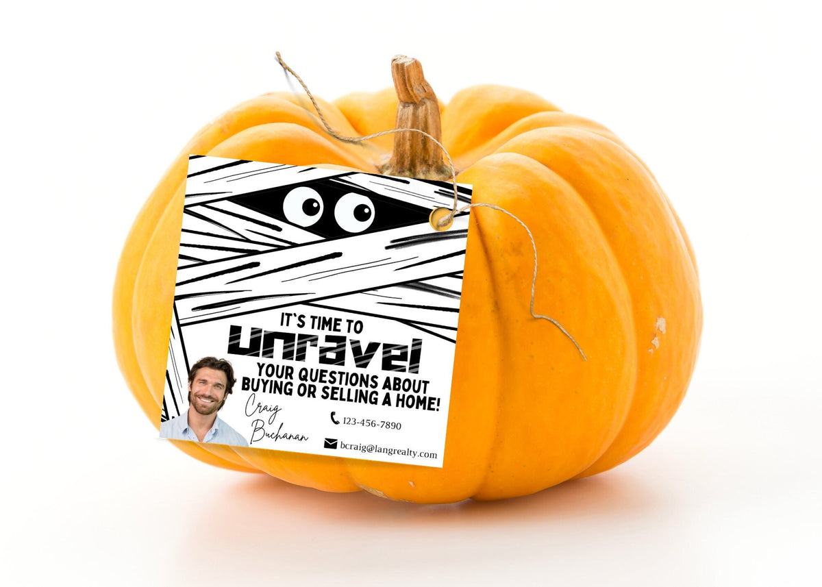 Funny Halloween Realtor marketing tag featuring a playful mummy and editable contact information.