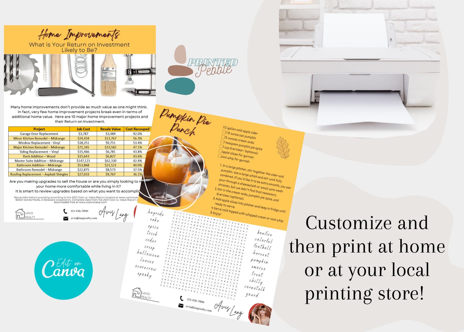 Seasonal realtor newsletter template for fall featuring market statistics, autumn-themed graphics, Halloween activities, and editable real estate layouts.