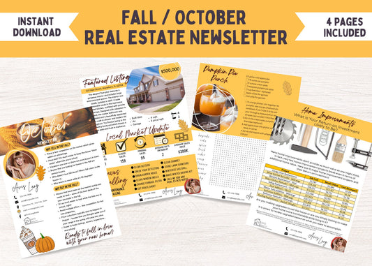 Fall real estate newsletter template with cozy autumn colors, featured listing section, and seasonal homeowner tips for realtors.