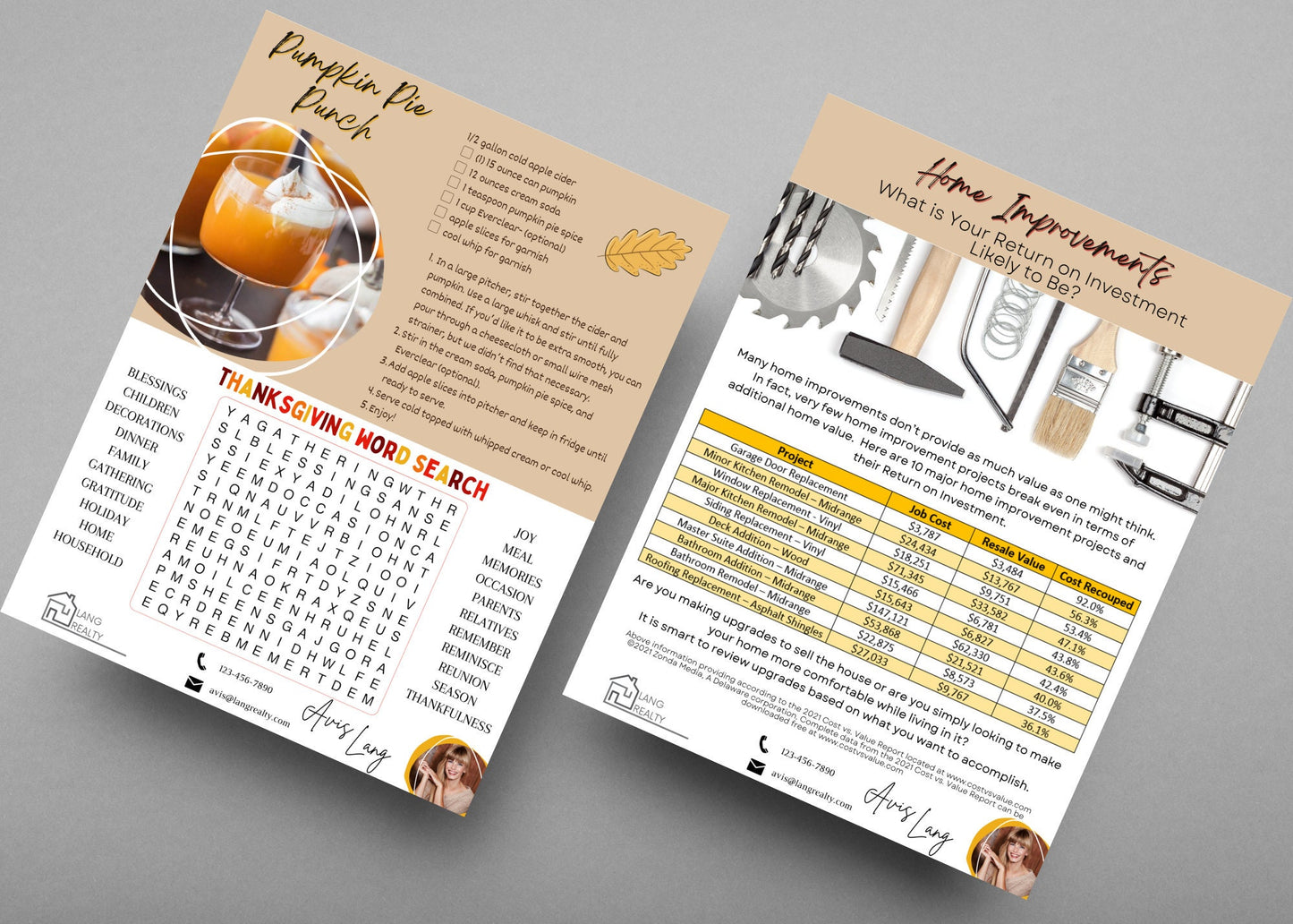Thanksgiving realtor newsletter bundle with pumpkin pie punch recipe, fall home selling advice, and customizable real estate branding sections.