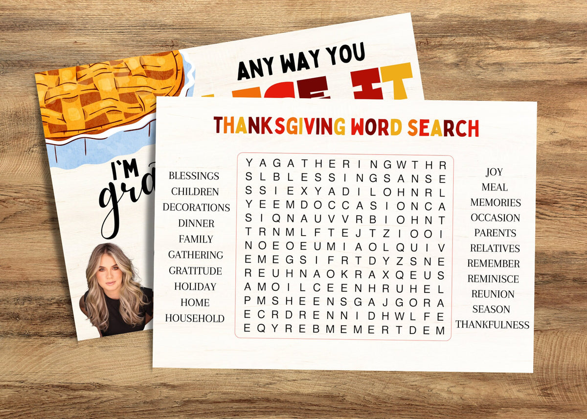 Thanksgiving word search realtor postcard featuring holiday and family themed words in an interactive puzzle
