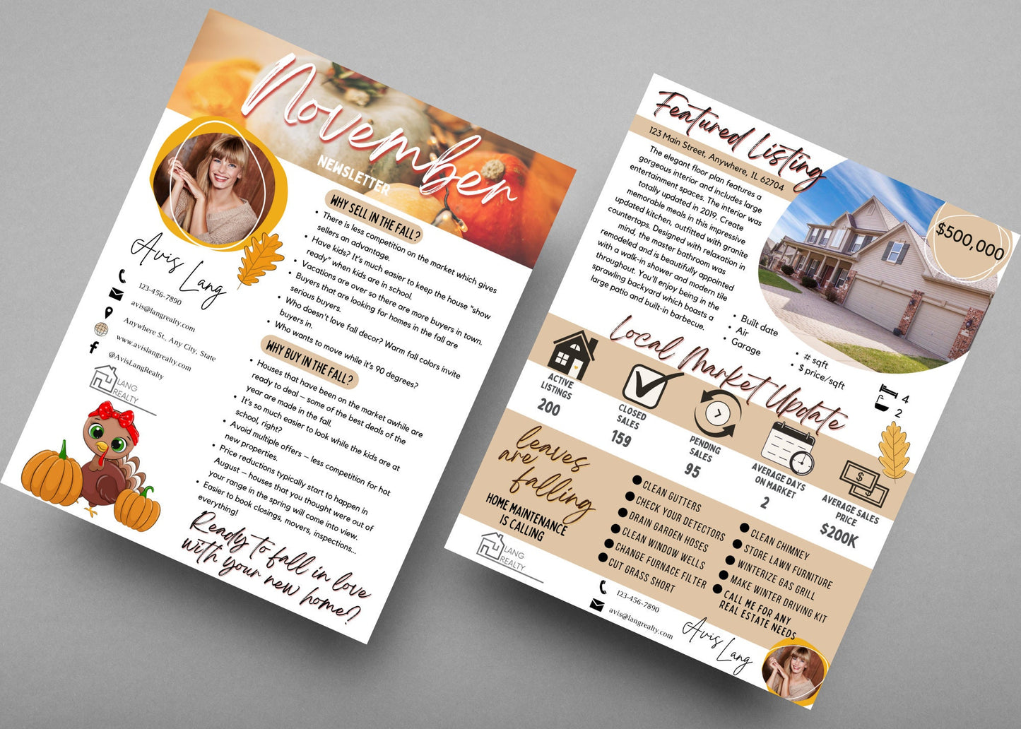 Fall real estate marketing template with cozy autumn colors, featured property section, home improvement ROI guide, and family-friendly activities.