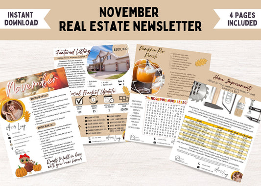 November real estate newsletter template with fall-themed graphics, featured listing, home maintenance checklist, and Thanksgiving-inspired design.