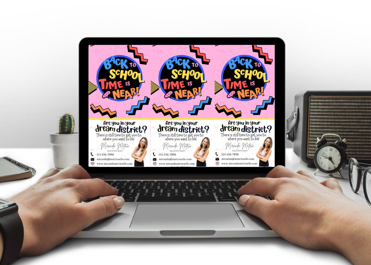 Editable Back to School Canva door hanger for Realtors with three printable door hangers per sheet and coloring activity.