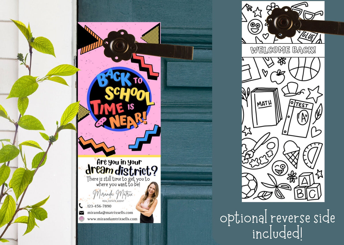 Back to School Realtor door hanger template with colorful school design and editable Canva layout.