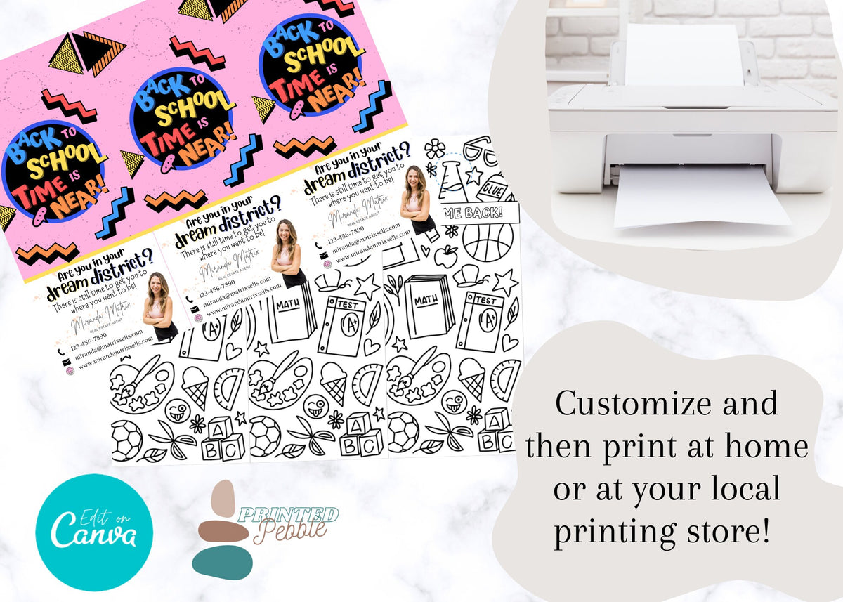 Printable Canva Realtor door hanger with a kid-friendly Welcome Back coloring page on the reverse.