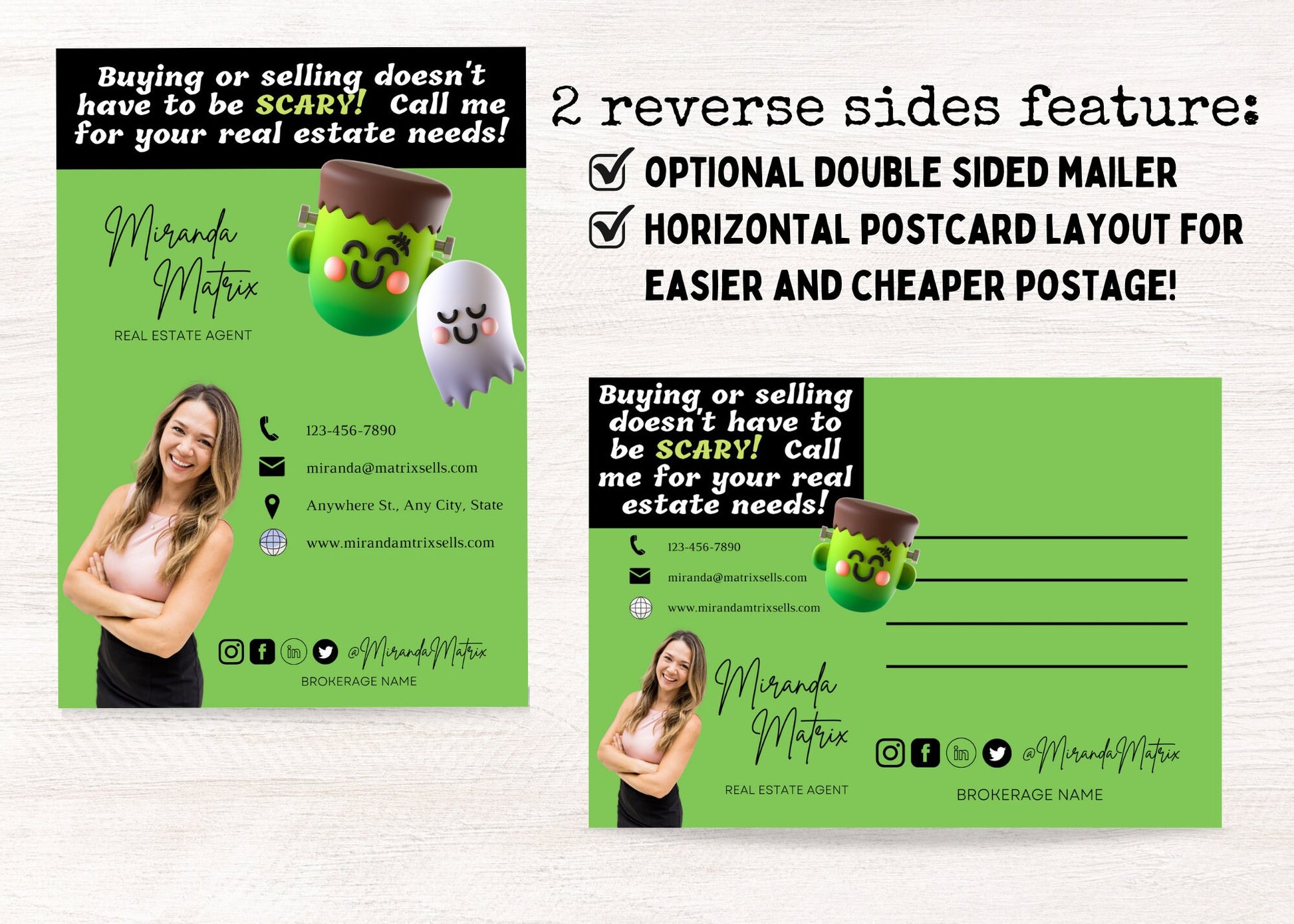 Printable Halloween real estate marketing postcard featuring a playful Frankenstein pun, bright green design, and editable Canva template with coordinating back for Realtor branding.