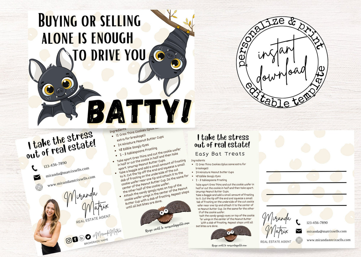 Editable Halloween realtor mailer with Easy Bat Treats recipe, mailing address lines and customizable agent branding