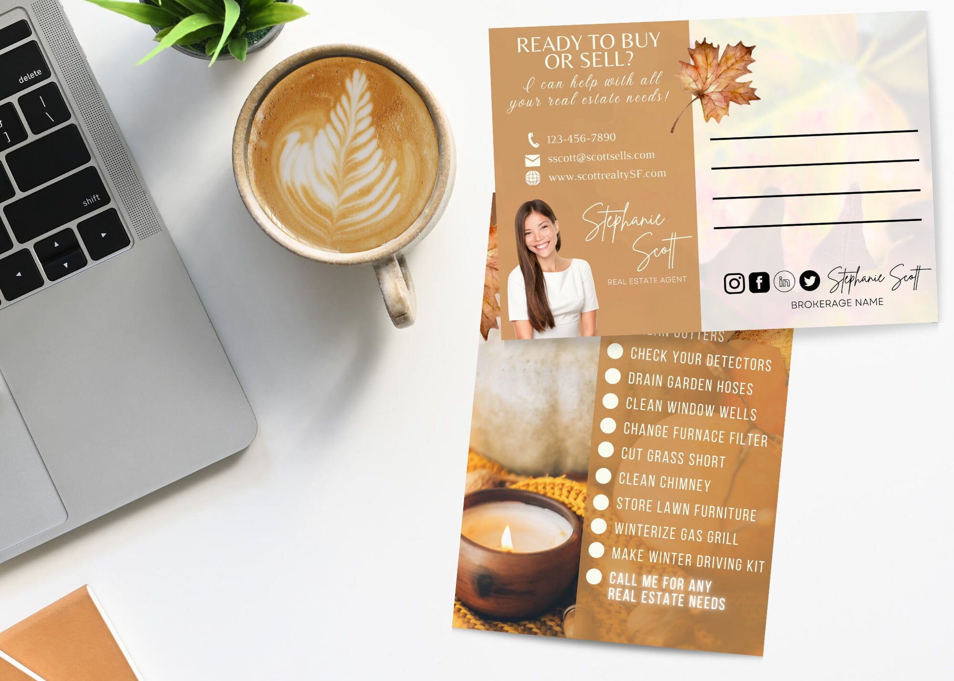 Editable fall Realtor postcard featuring a seasonal home maintenance checklist with cozy autumn colors and customizable branding.