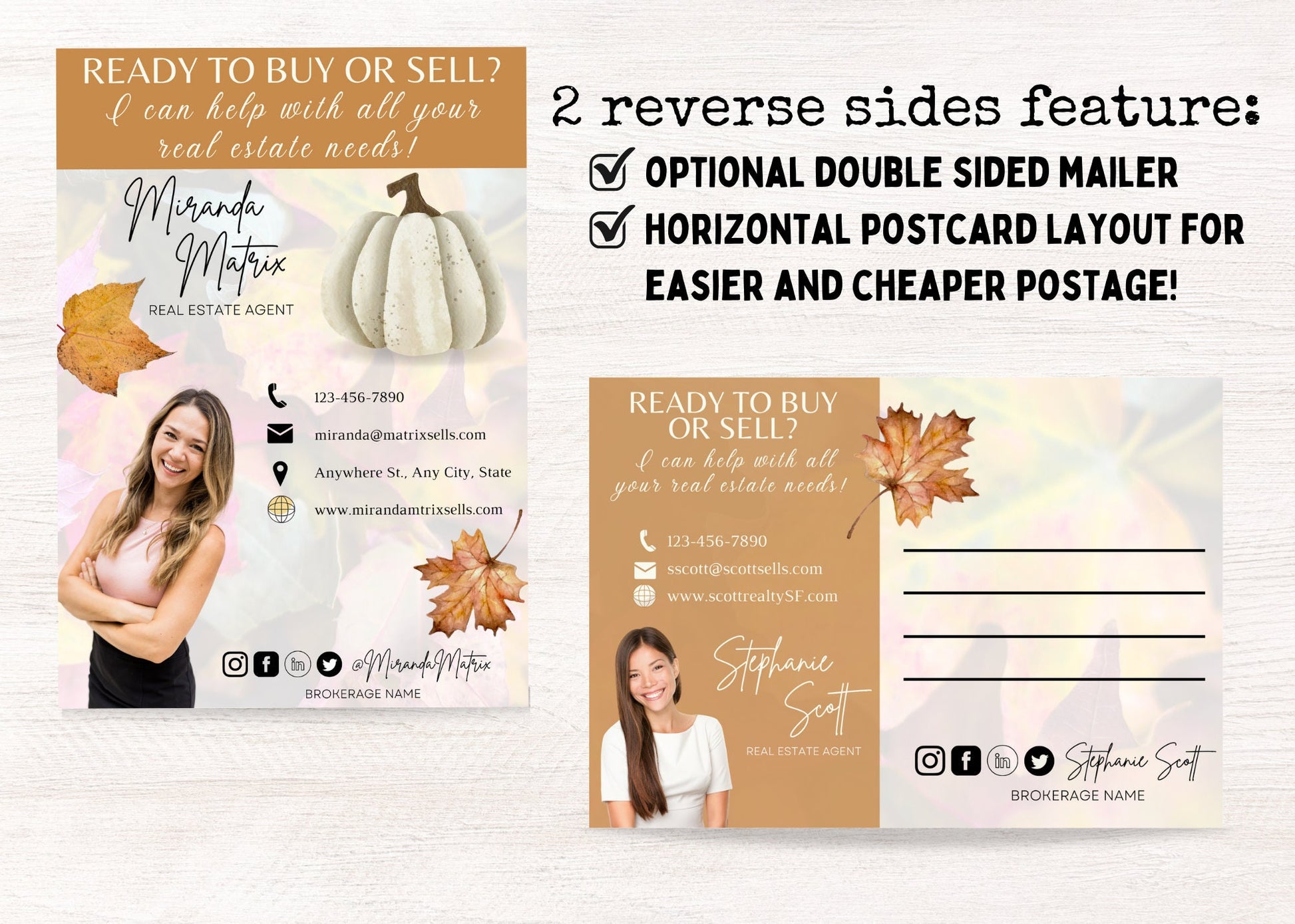 Autumn home maintenance checklist Canva template for real estate agents with homeowner tips and customizable contact information.