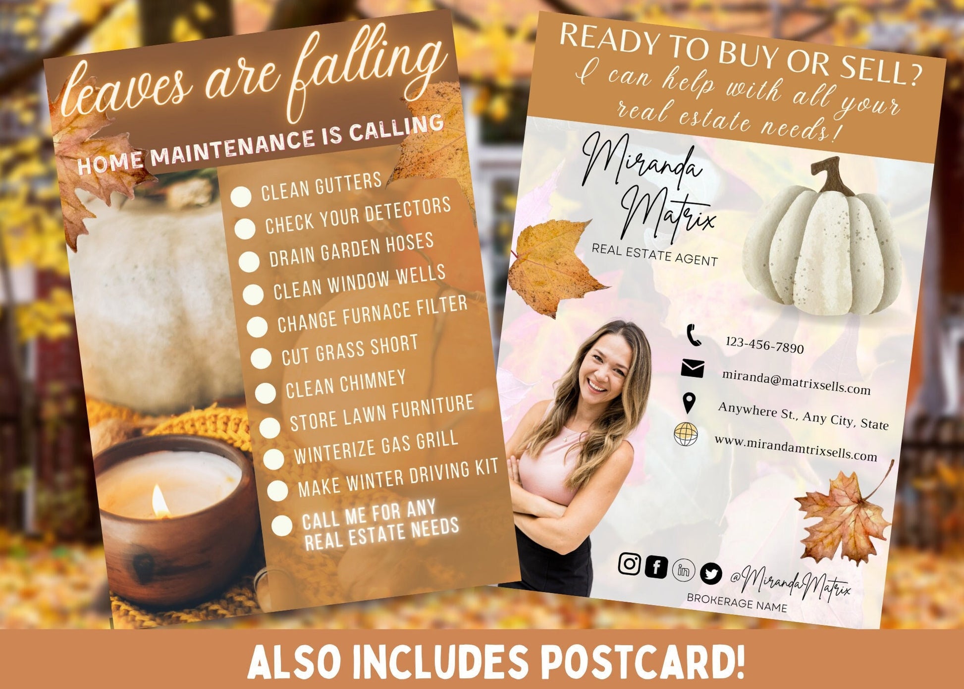 Editable fall Realtor postcard featuring a seasonal home maintenance checklist with cozy autumn colors and customizable branding.