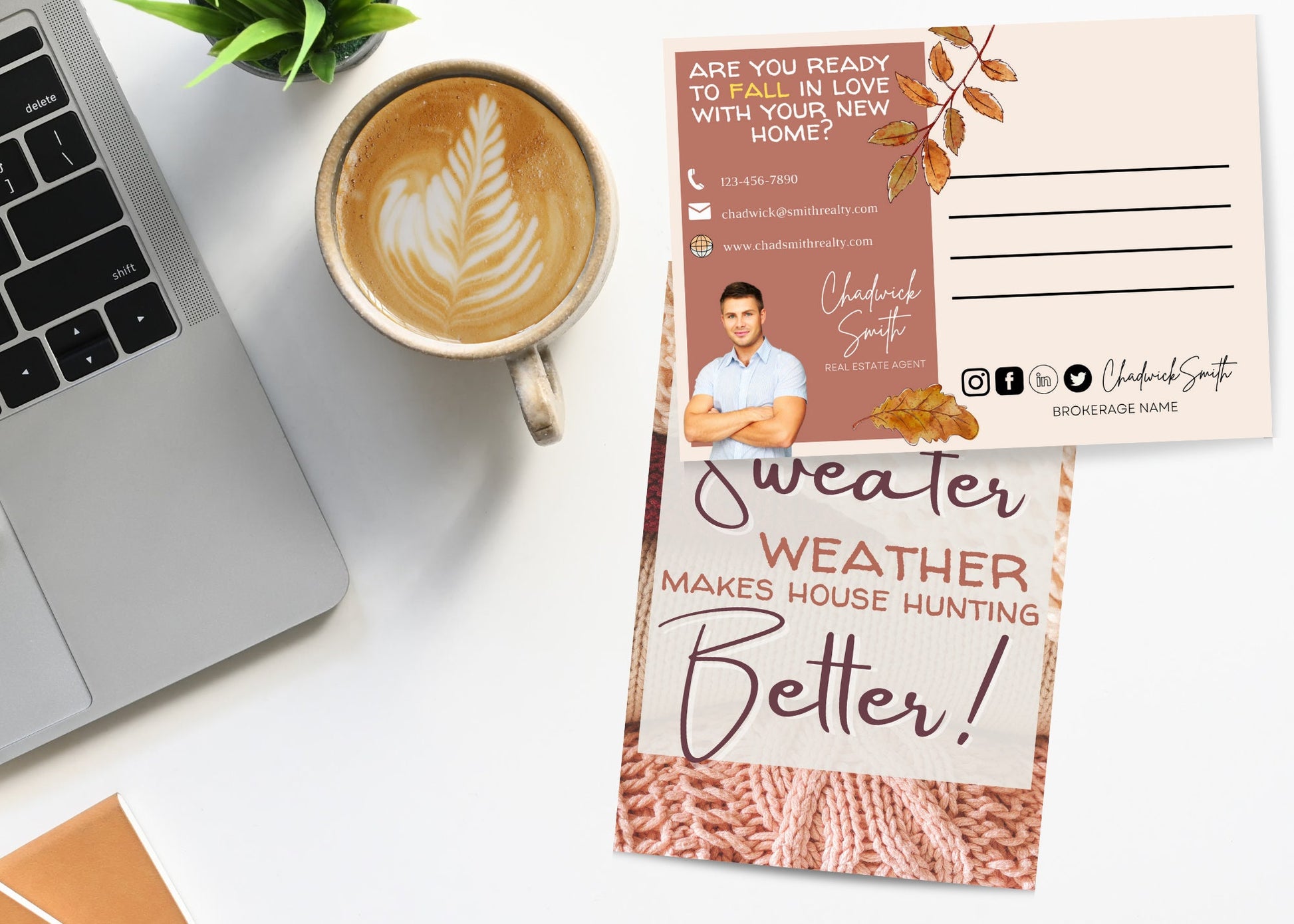 Editable fall Realtor postcard featuring cozy sweater weather theme, knit background, autumn leaves, and customizable Canva branding.