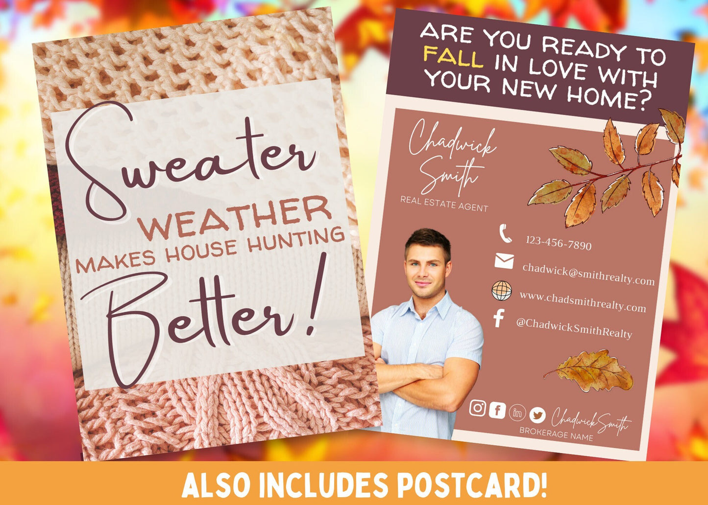 Editable fall Realtor postcard featuring cozy sweater weather theme, knit background, autumn leaves, and customizable Canva branding.