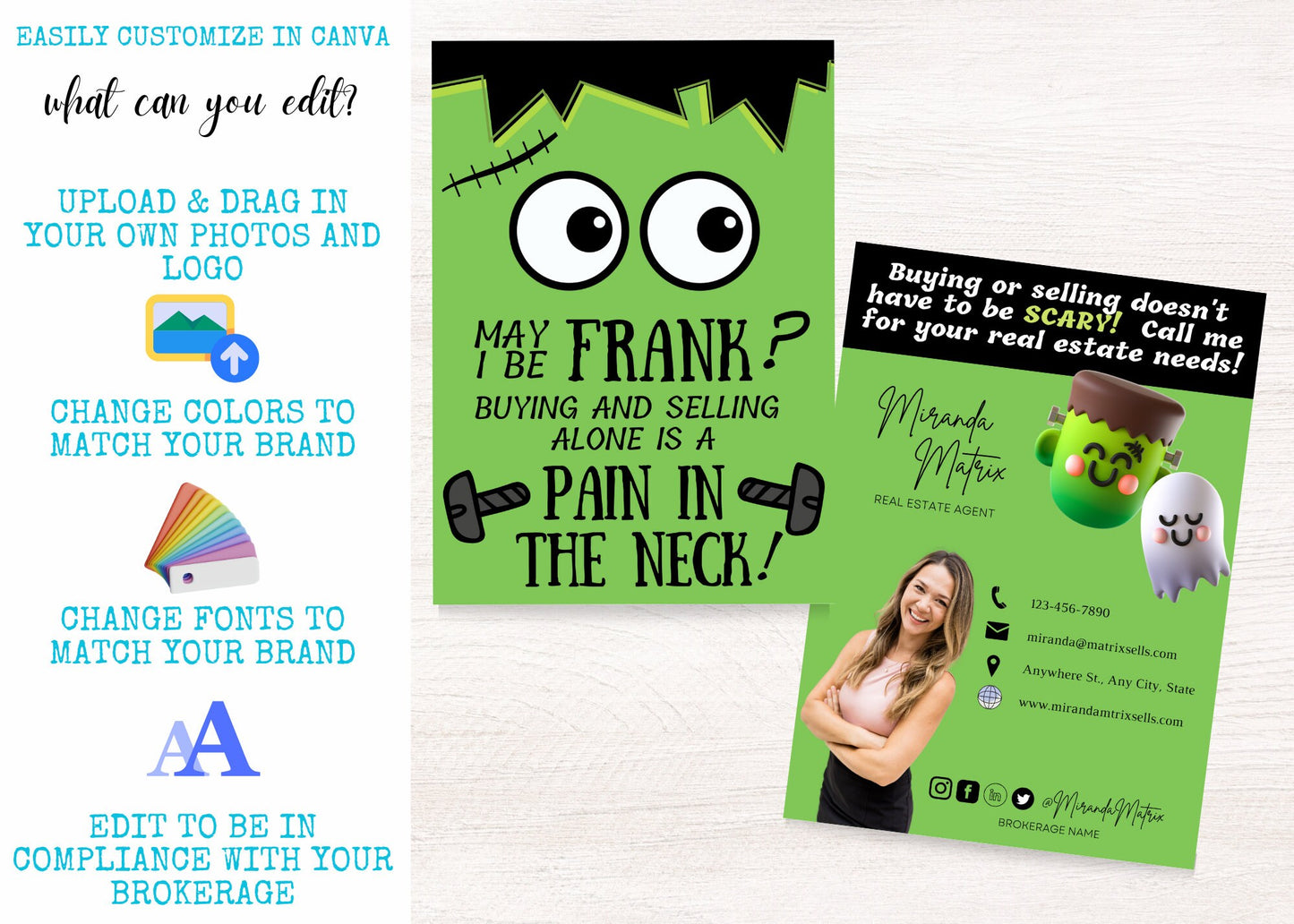 Funny Halloween Realtor marketing card with a Frankenstein character and “Pain in the Neck” real estate message. Editable Canva template ideal for client appreciation gifts, mailers, and pop-by marketing.
