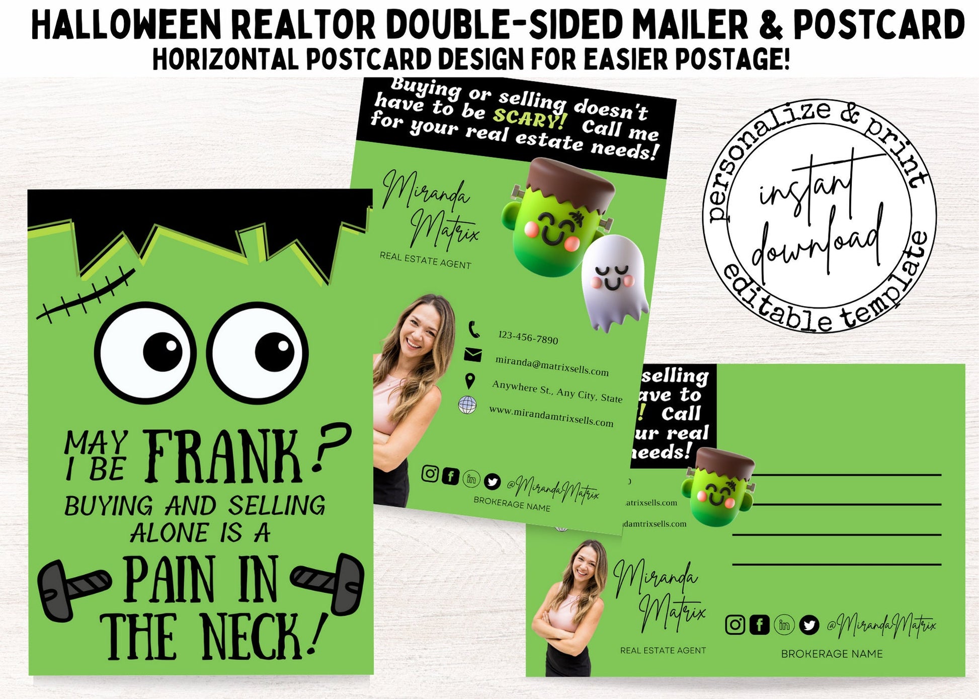 Frankenstein-themed Halloween postcard template for Realtors with customizable front and back, including space for agent headshot, social media, contact details, and brokerage information.