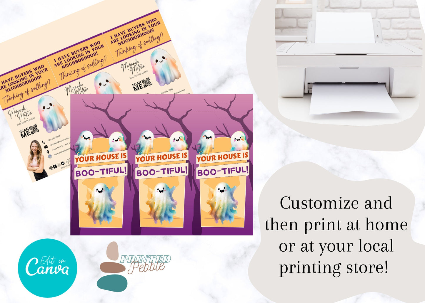 Cute Halloween Realtor Canva template with ghost artwork, editable contact information, and printable two-sided door hanger design.