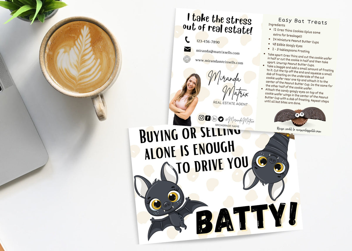 Halloween realtor postcard with cute cartoon bats and Buying or Selling Alone Is Enough to Drive You Batty real estate message