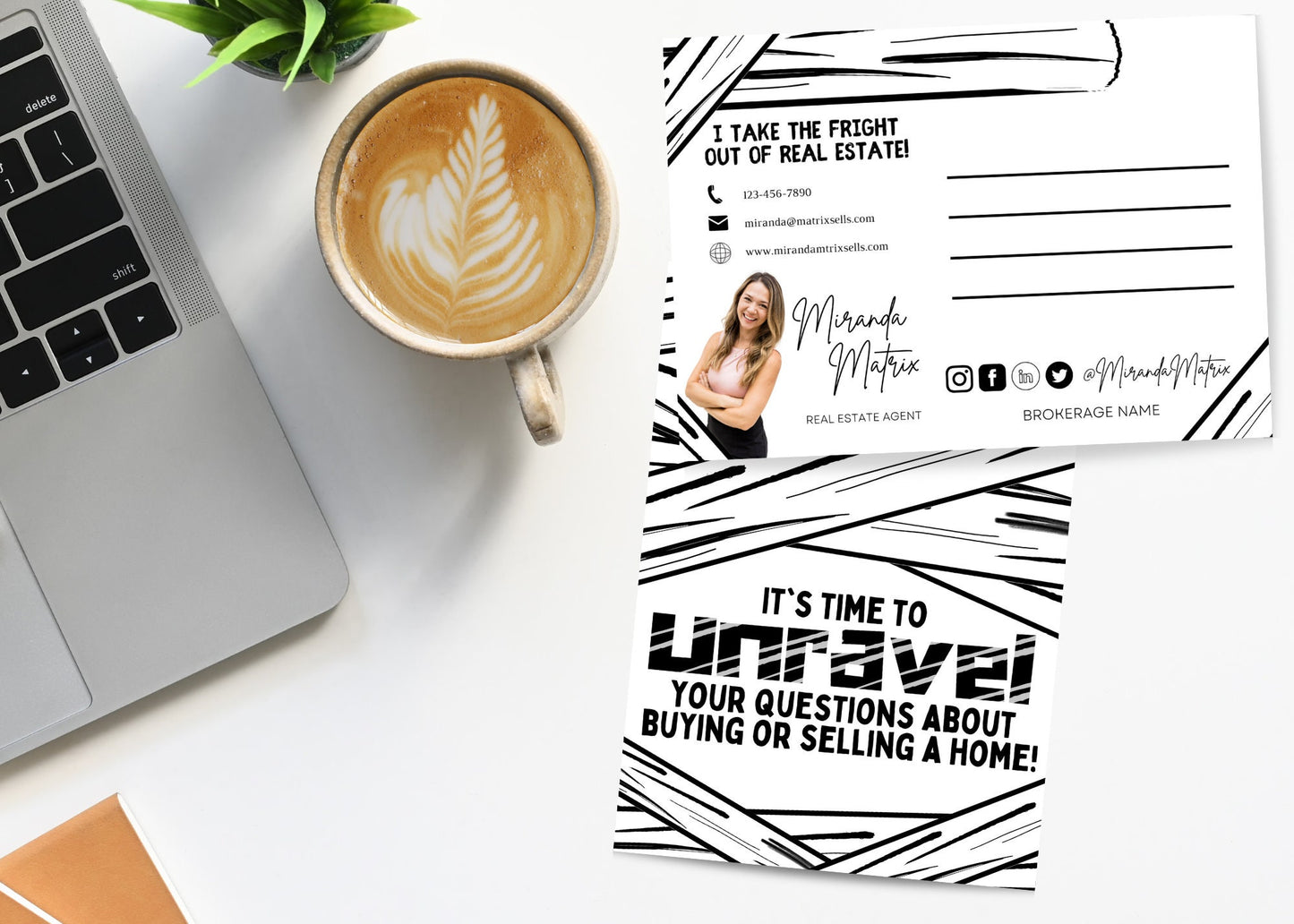 Editable Halloween Realtor Canva postcard featuring a cute mummy design with the saying “It’s Time to Unravel Your Questions About Buying or Selling a Home!” and matching customizable back.