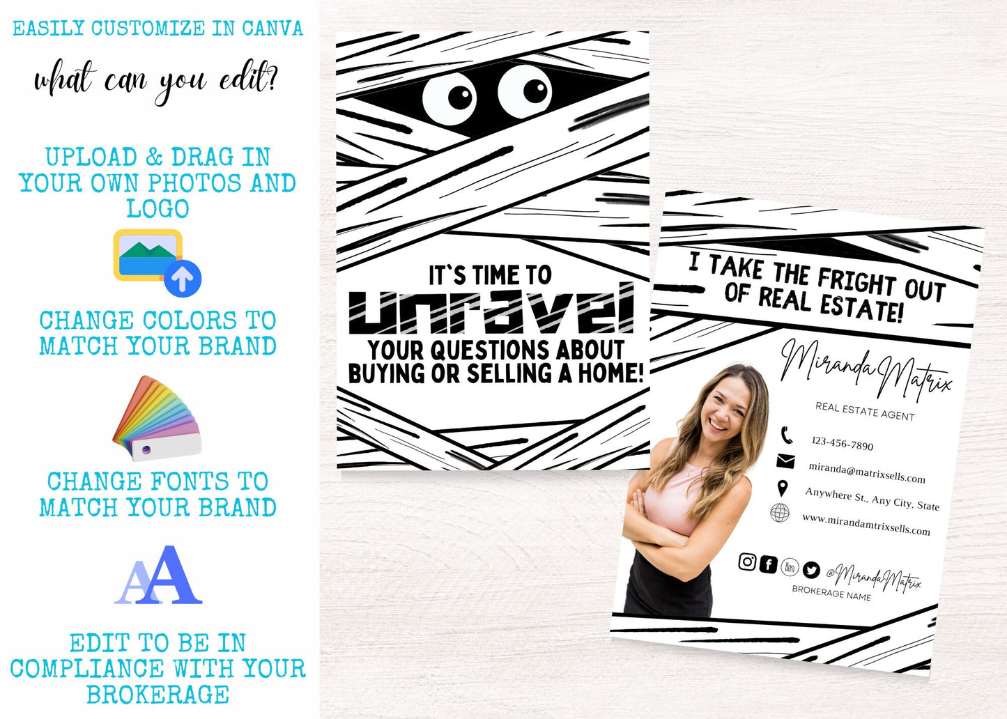 Funny Halloween Canva template for real estate agents featuring a mummy illustration, customizable contact details, and a professional postcard design for client mailers and pop-by gifts.