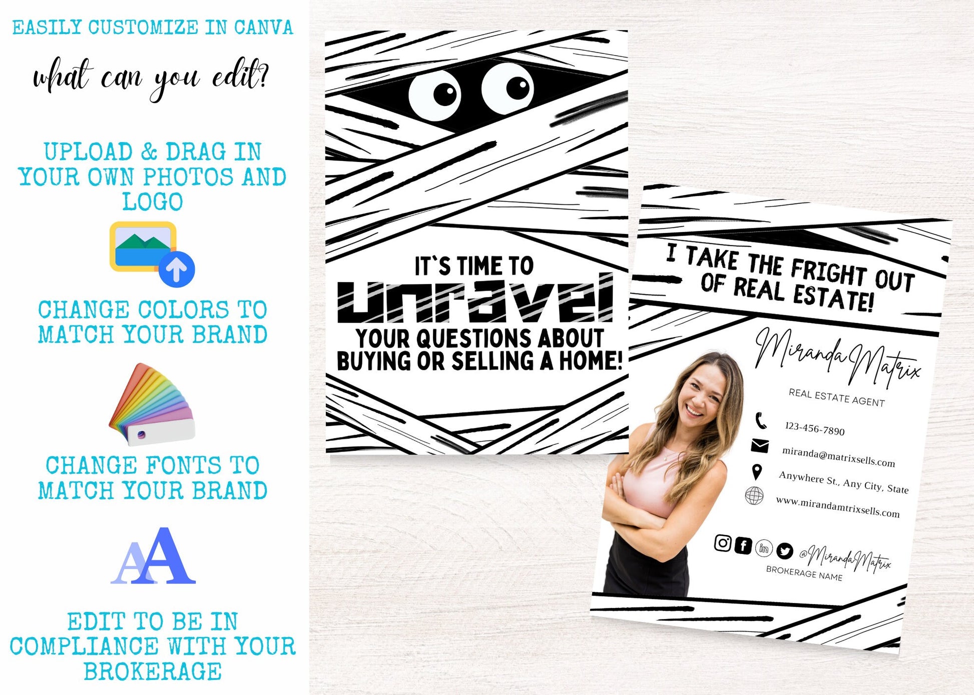 Funny Halloween Canva template for real estate agents featuring a mummy illustration, customizable contact details, and a professional postcard design for client mailers and pop-by gifts.