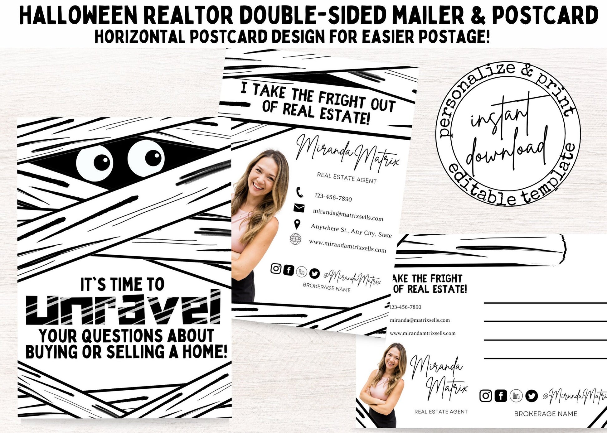 Halloween real estate marketing postcard template with a playful mummy theme, editable Canva design, Realtor branding, headshot, and contact information.