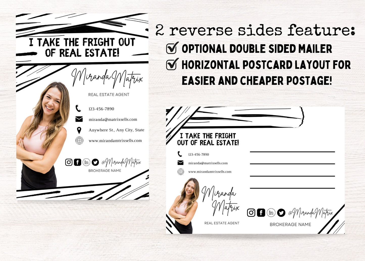 Printable mummy-themed Realtor postcard template featuring “I Take the Fright Out of Real Estate!” with editable front and back layouts for Halloween marketing.