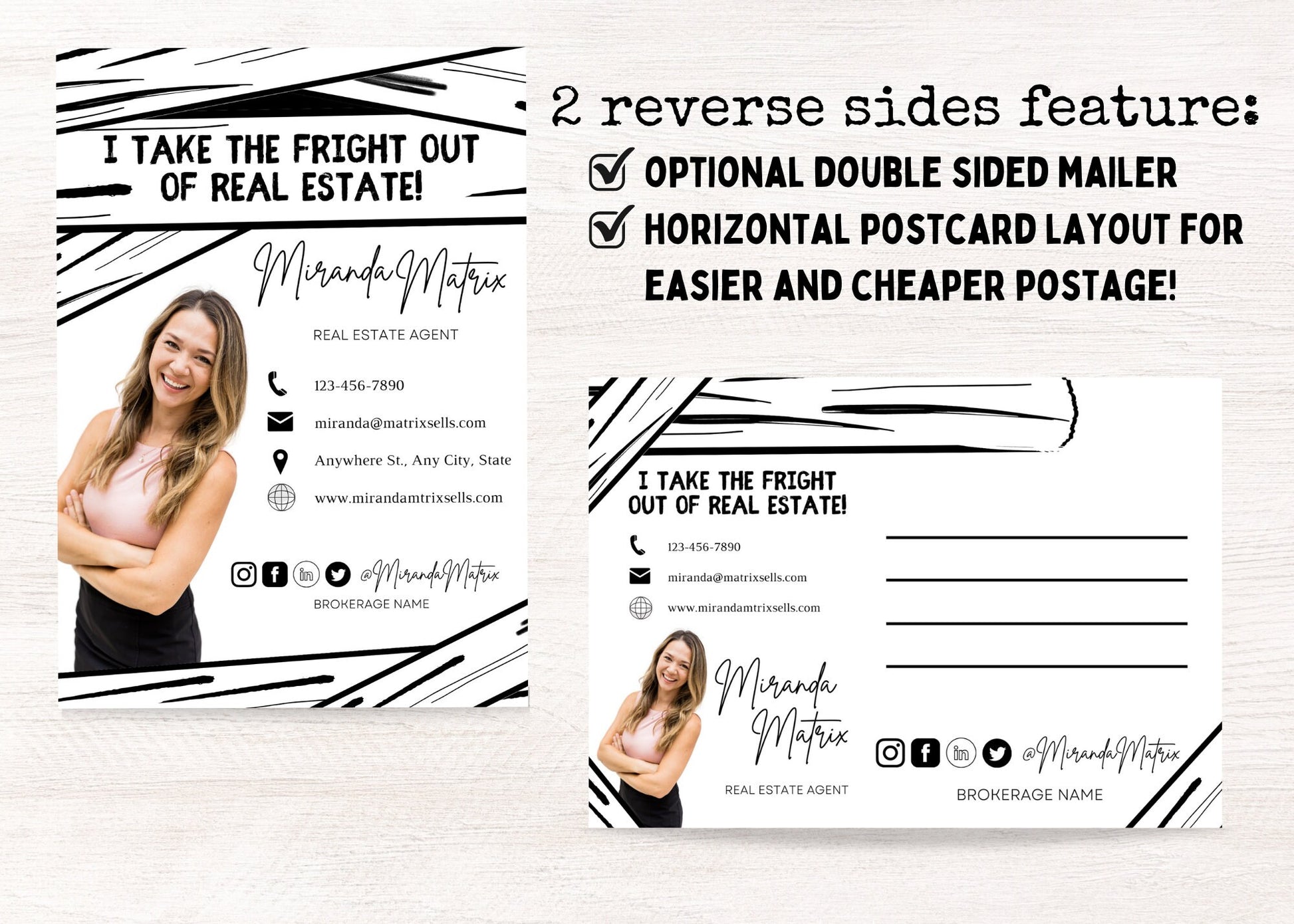 Printable mummy-themed Realtor postcard template featuring “I Take the Fright Out of Real Estate!” with editable front and back layouts for Halloween marketing.