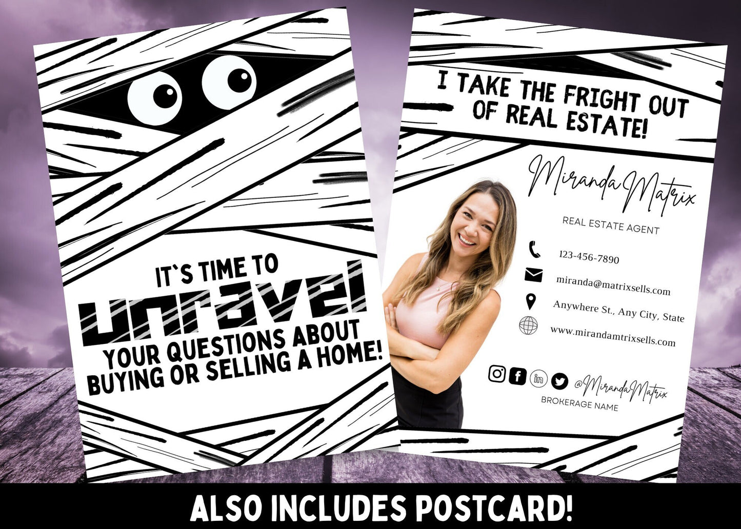 Editable Halloween Realtor Canva postcard featuring a cute mummy design with the saying “It’s Time to Unravel Your Questions About Buying or Selling a Home!” and matching customizable back.