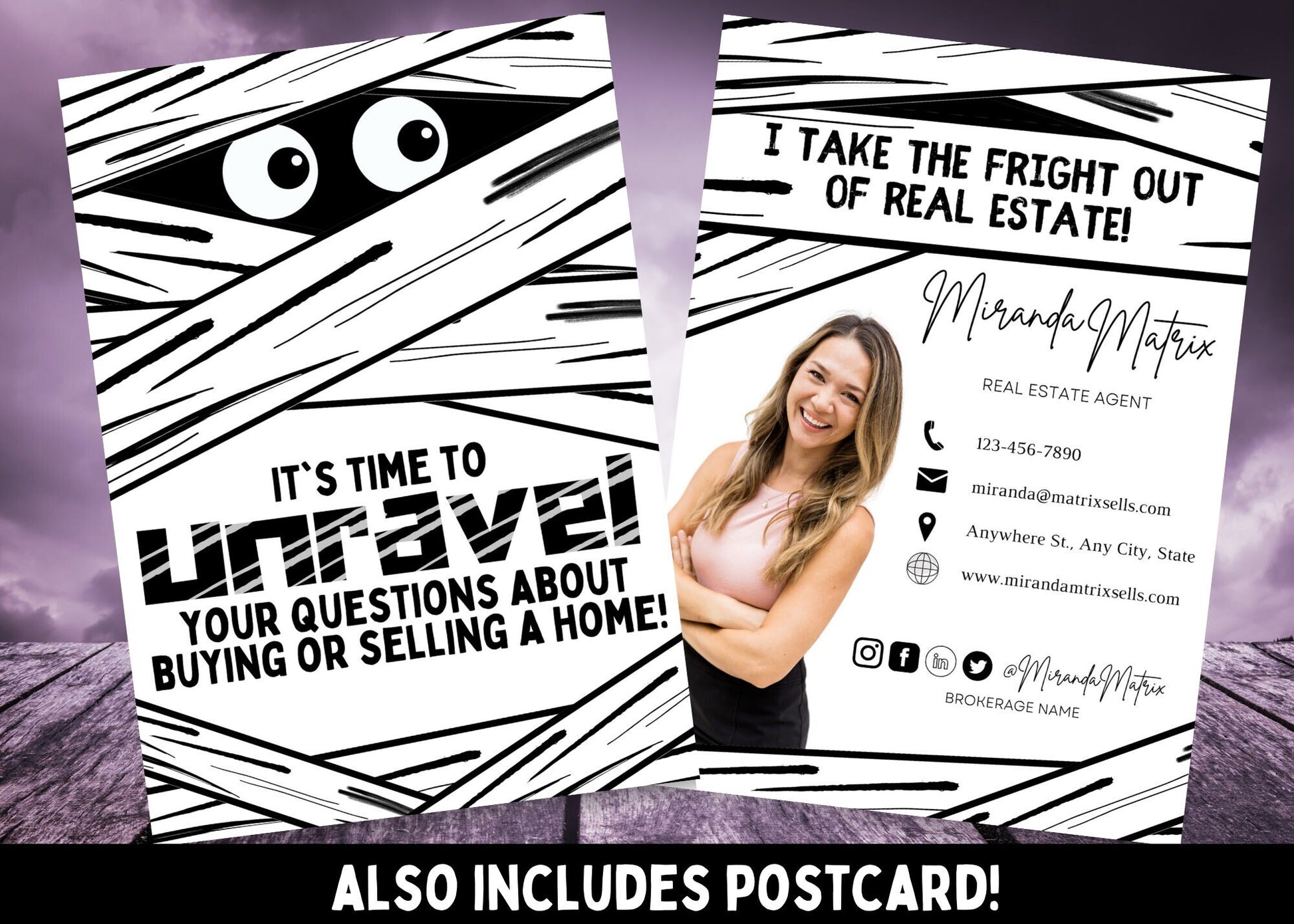 Editable Halloween Realtor Canva postcard featuring a cute mummy design with the saying “It’s Time to Unravel Your Questions About Buying or Selling a Home!” and matching customizable back.