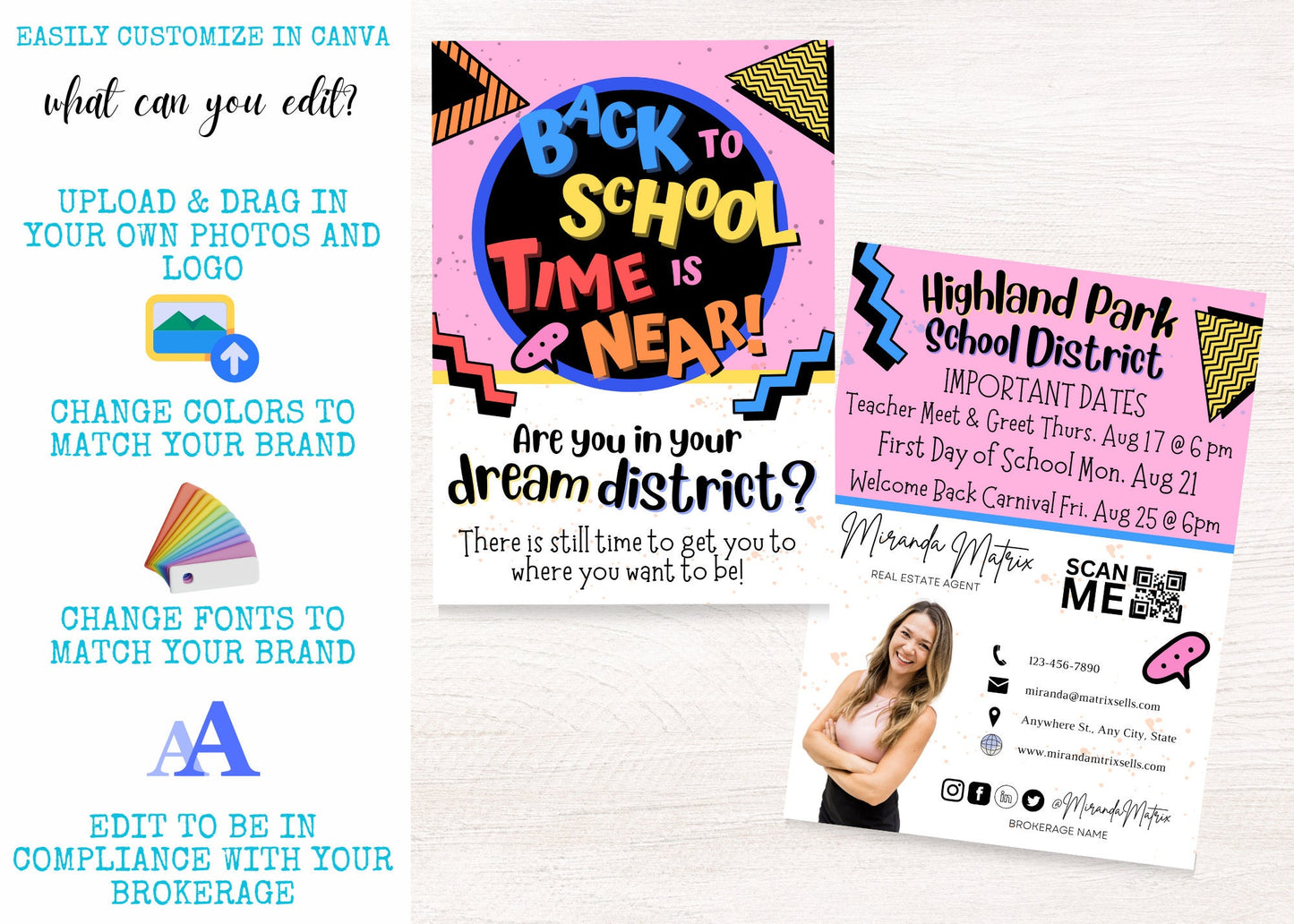 Editable Canva realtor mailer with school dates, contact information, and QR code.