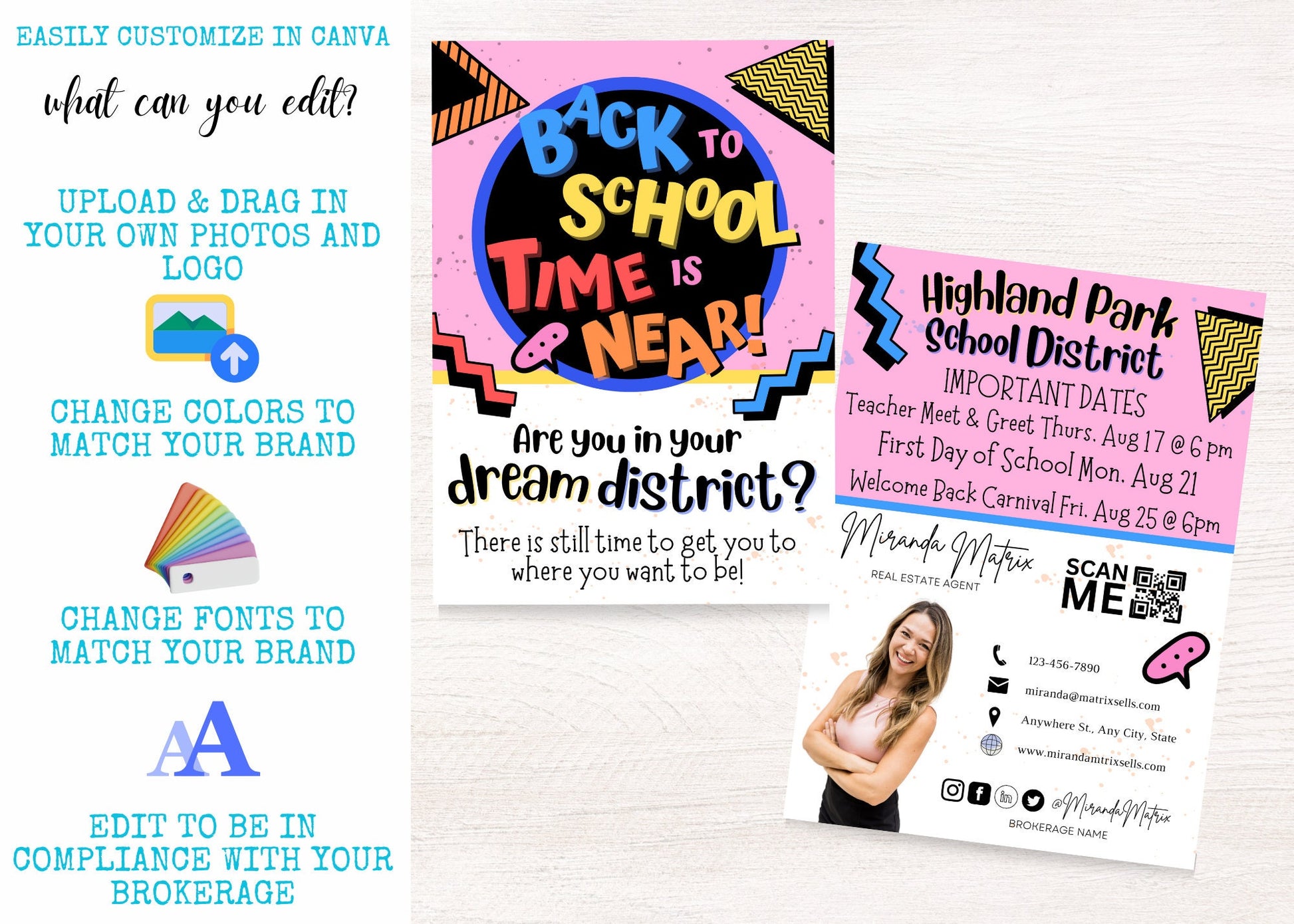 Editable Canva realtor mailer with school dates, contact information, and QR code.