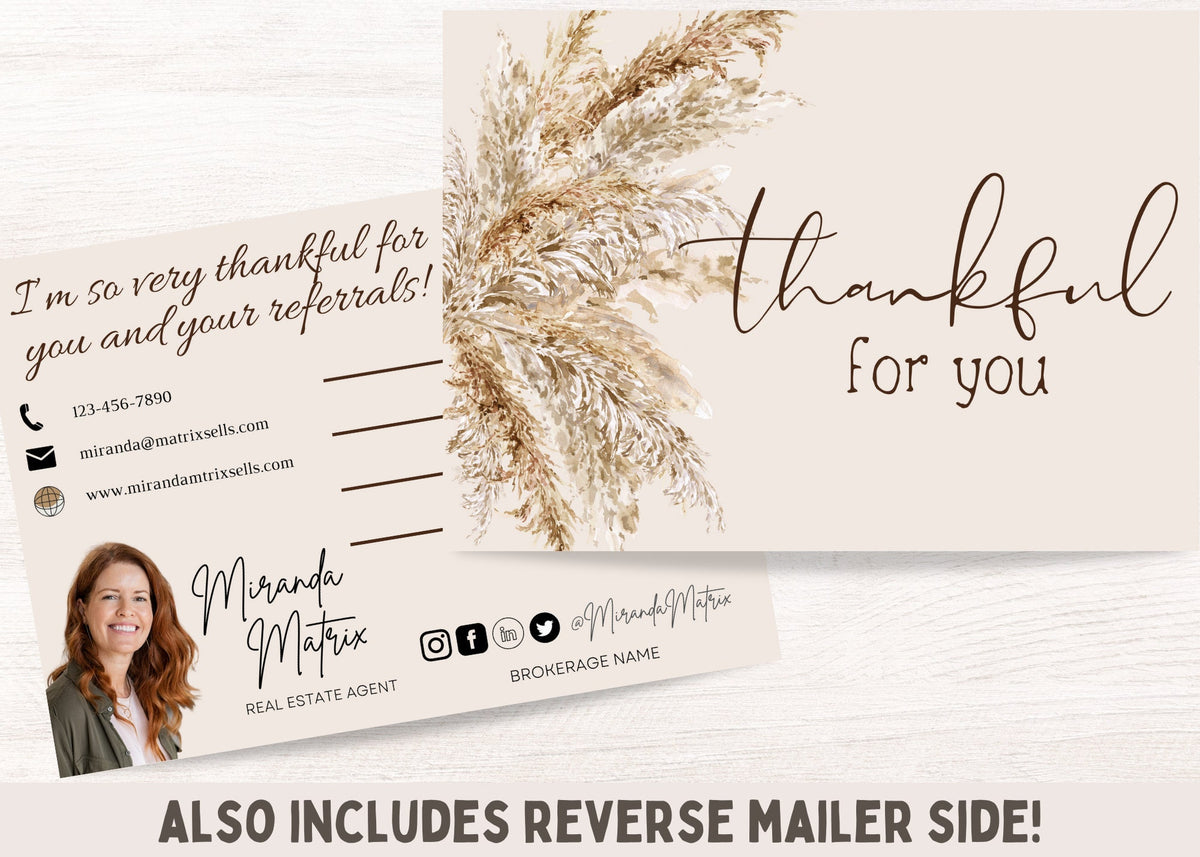 Neutral Thanksgiving realtor postcard with watercolor pampas grass and the words Thankful for You