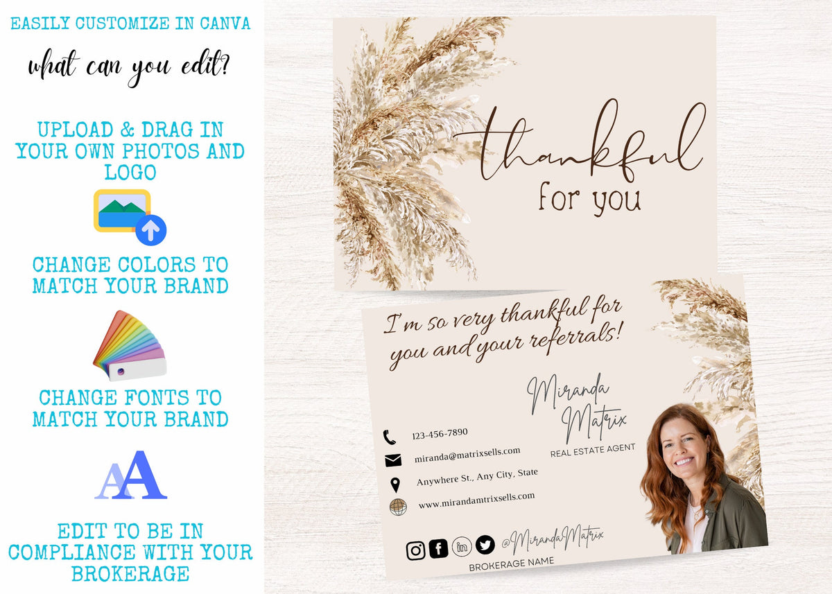 Editable Thanksgiving realtor mailing postcard with address lines, agent branding and thankful for your referrals message