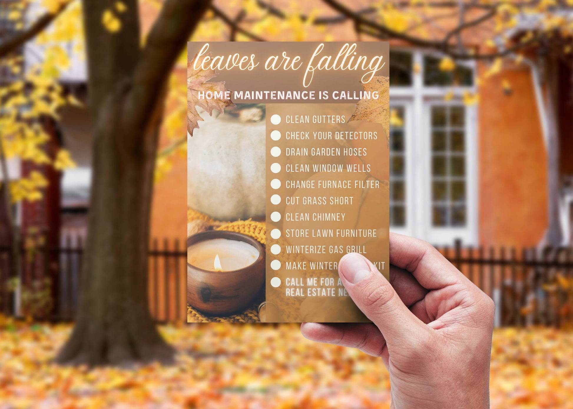 Fall real estate marketing postcard featuring a cozy seasonal checklist, watercolor leaves, pumpkins, and editable Realtor branding.