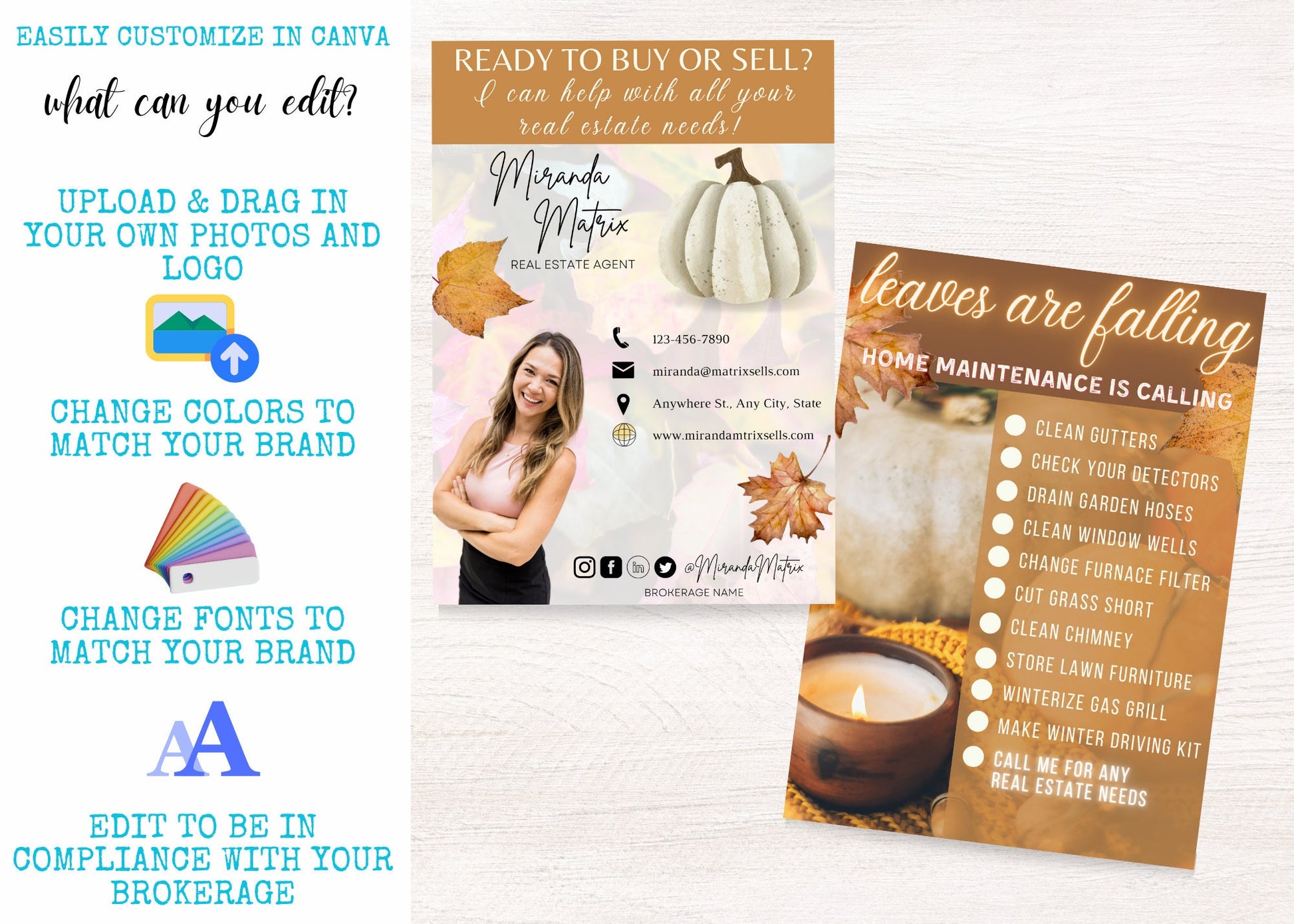 Printable Canva Realtor mailer with a fall homeowner maintenance checklist and matching customizable mailing postcard.