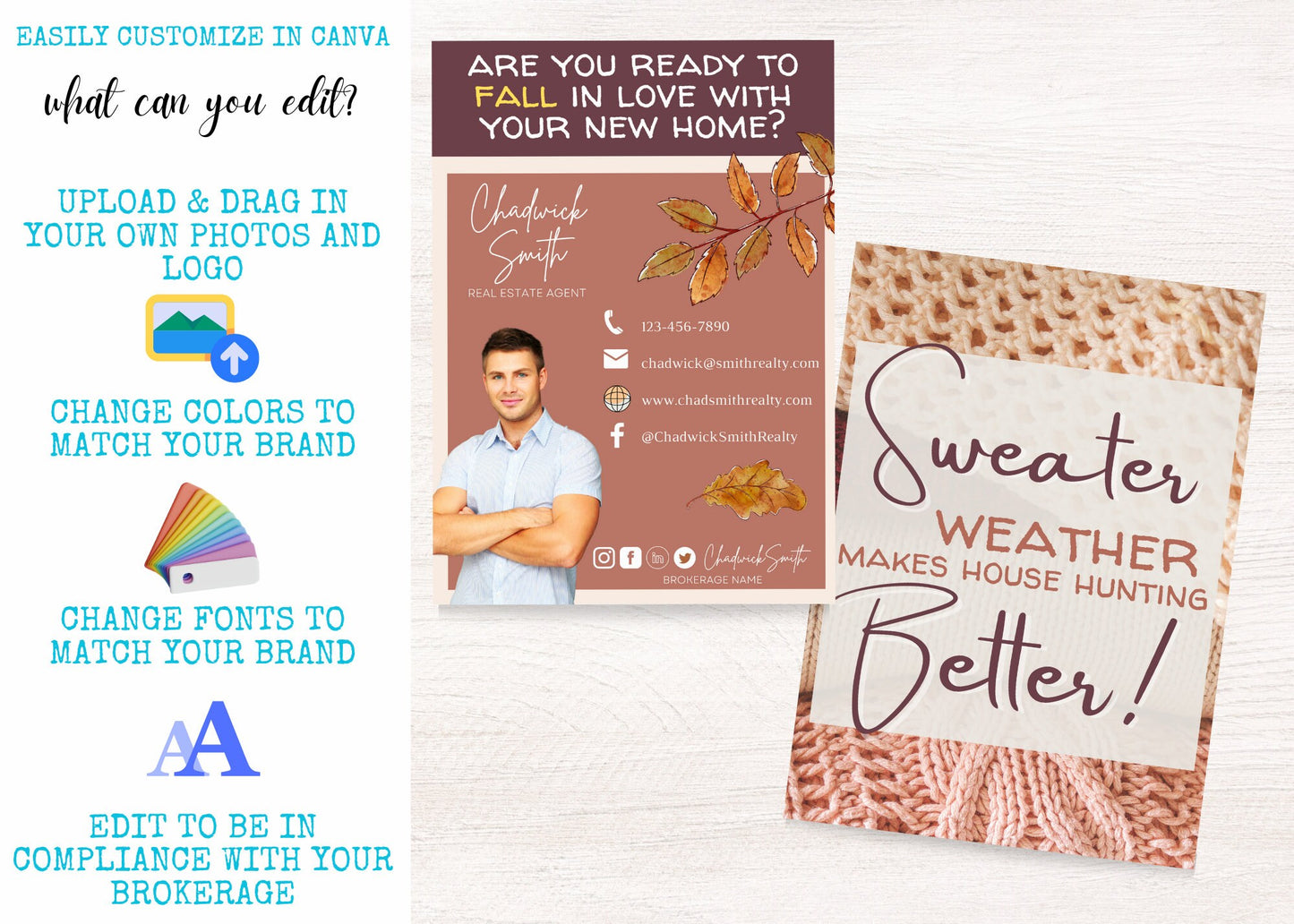 Printable Realtor postcard featuring warm fall colors, watercolor leaves, cozy knit textures, and editable Canva contact information.