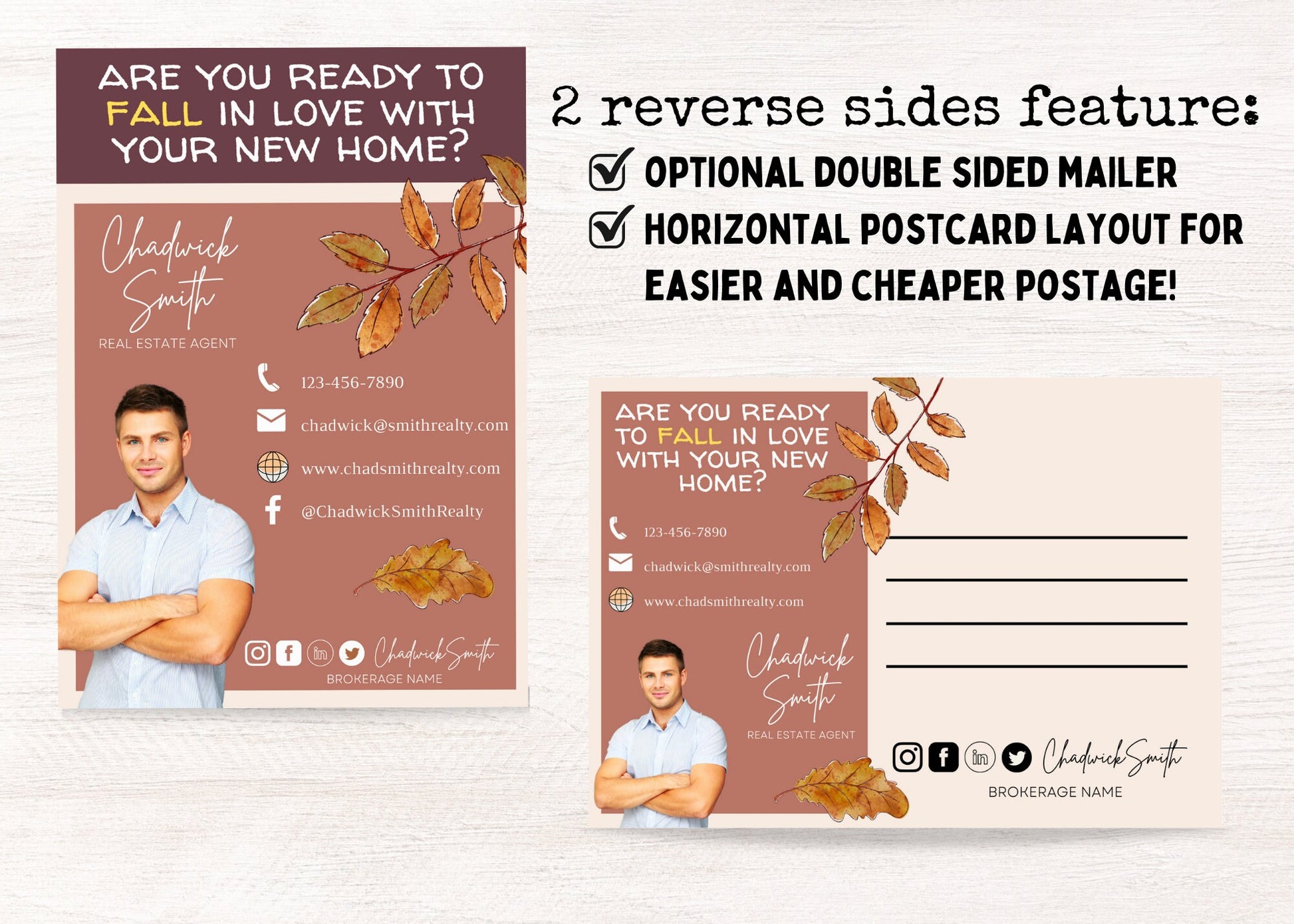 Autumn real estate marketing Canva template with sweater weather design, customizable Realtor information, and seasonal postcard layout.