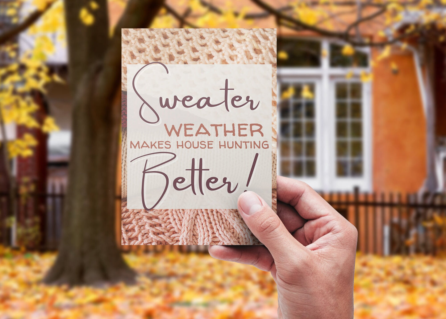 Fall-themed Canva marketing template for real estate agents with sweater weather graphics, autumn-inspired design, and matching mailing postcard.