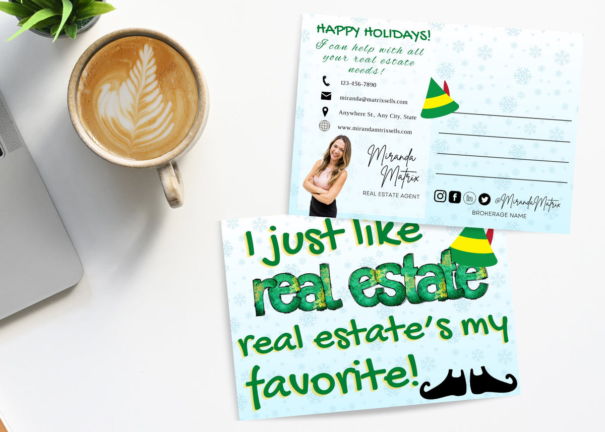 Funny holiday realtor marketing card with agent photo contact information and postcard back