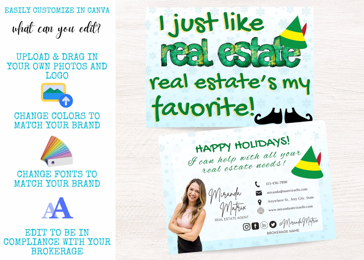 Christmas real estate agent postcard with snowflakes and festive elf design