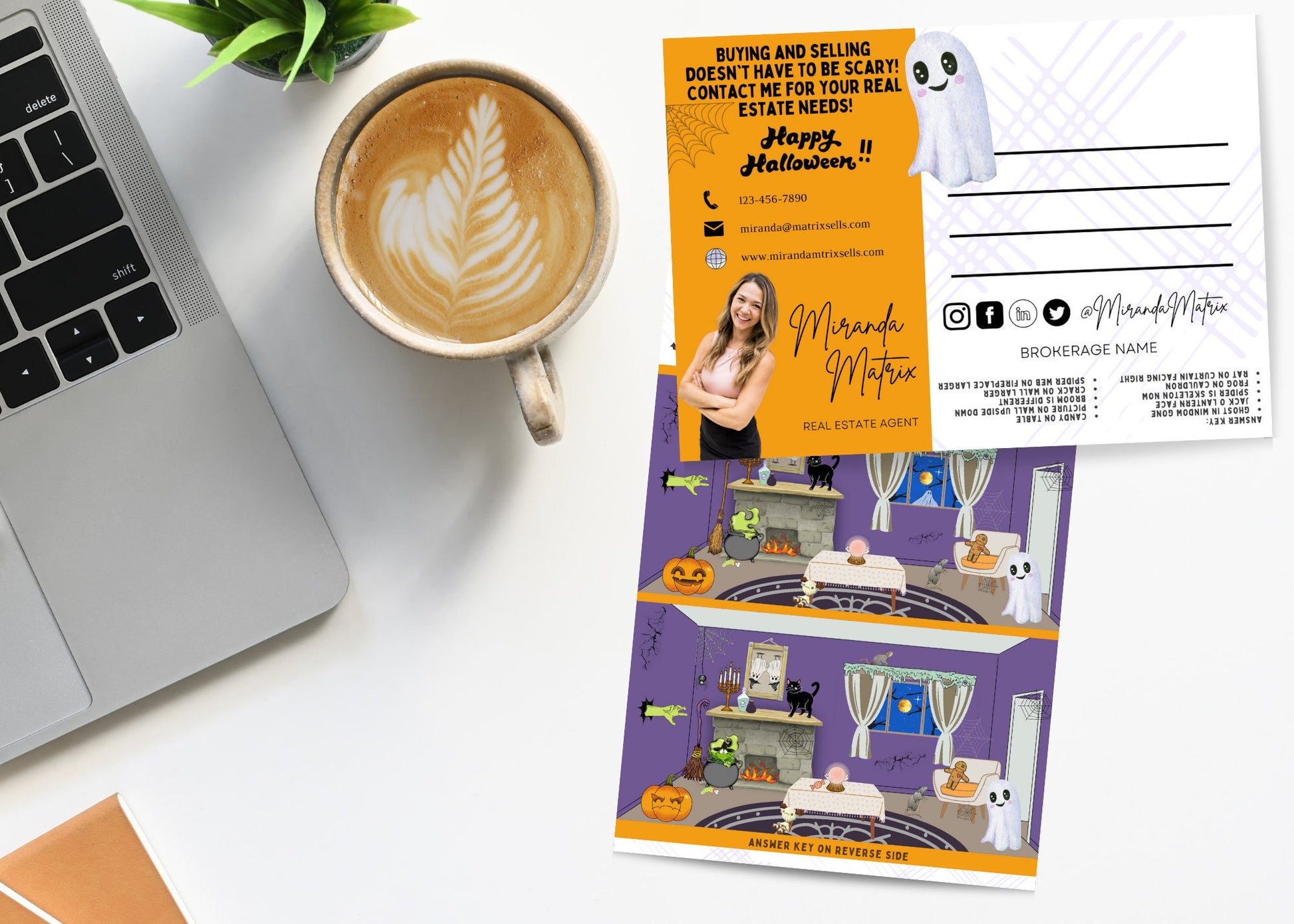 Editable Halloween Realtor postcard featuring a Spot the Difference game with cute ghosts, pumpkins, bats, and a cozy Halloween living room scene in Canva.