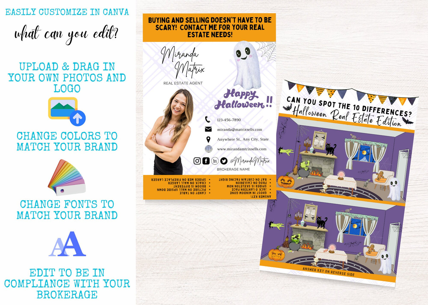 Halloween Canva template for real estate agents featuring a Spot the Difference activity, cute ghost illustrations, answer key, editable Realtor branding, and seasonal client postcard.