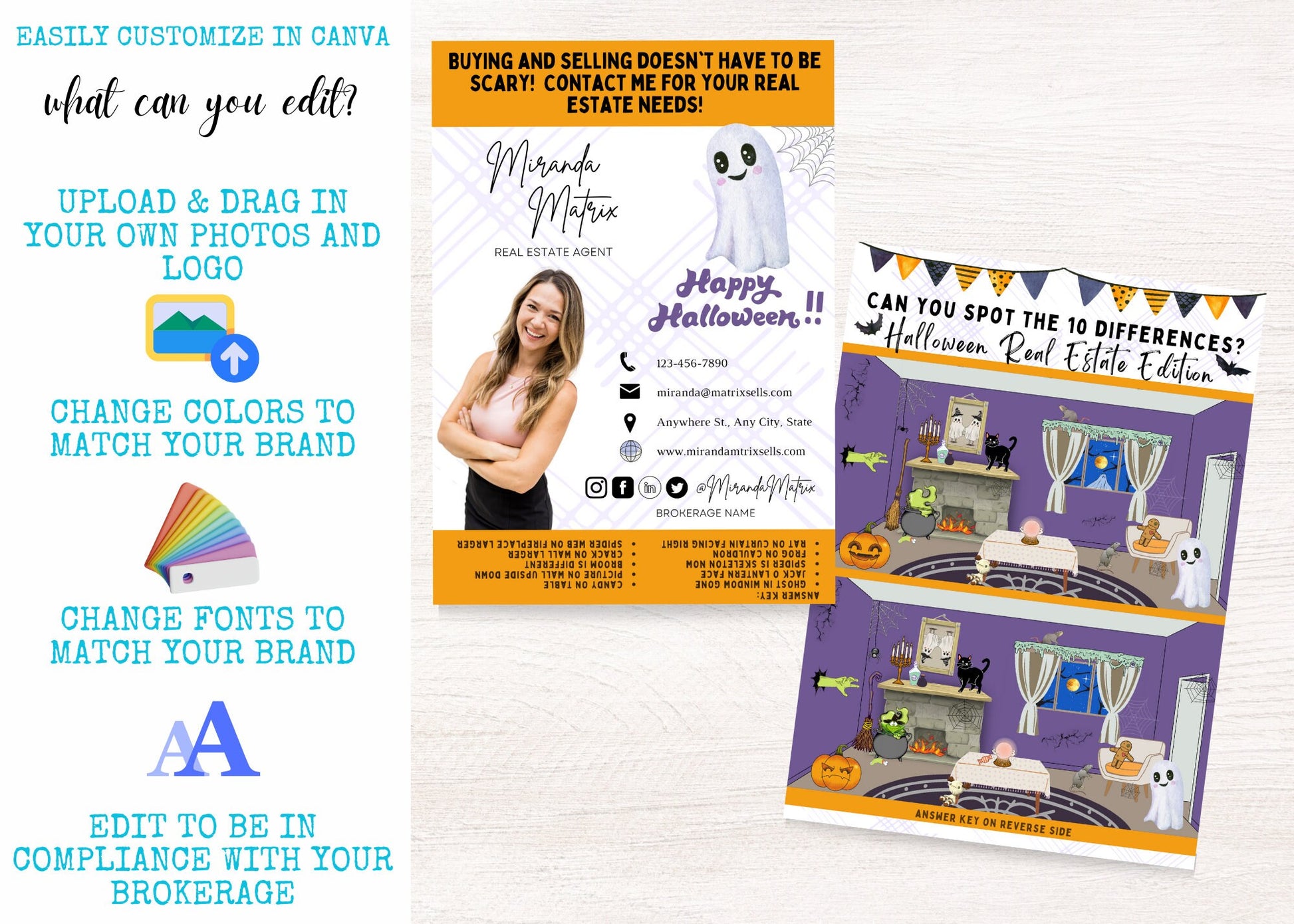 Halloween Canva template for real estate agents featuring a Spot the Difference activity, cute ghost illustrations, answer key, editable Realtor branding, and seasonal client postcard.