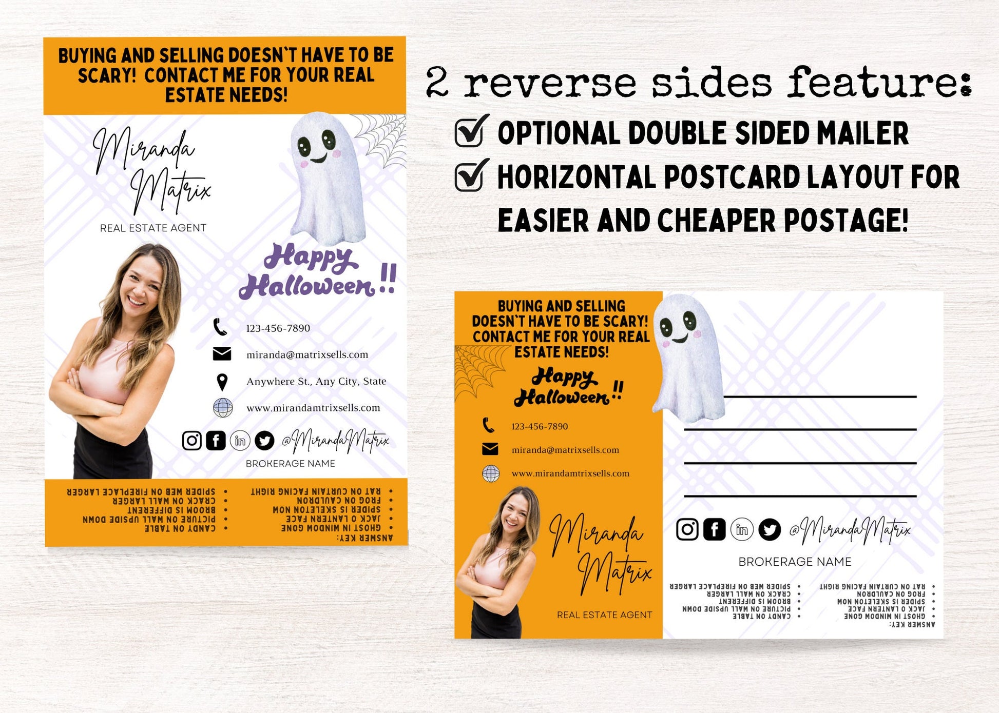 Printable Halloween Realtor postcard featuring an interactive Spot the Difference game, adorable Halloween decorations, and editable front and back Canva template.